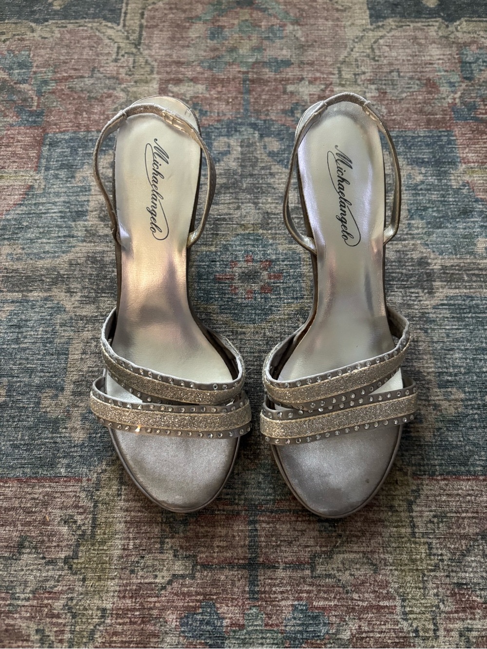 Michaelangelo Silver Embellished Strappy Heels from 1990s-2000s